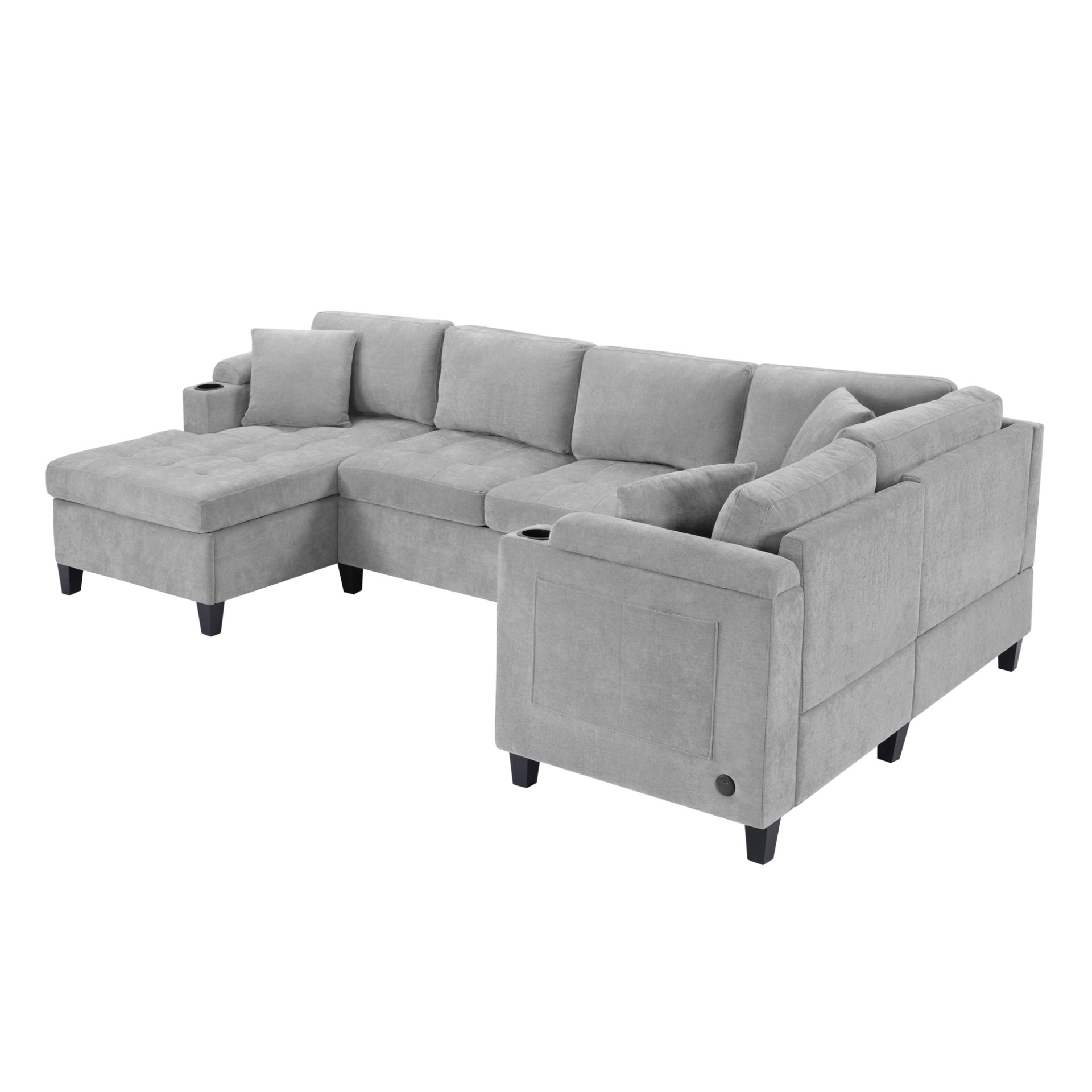 U Shaped Sectional Sofa, Corner Living Room Couch With Built In Cup Holders, Storage, USB Ports - Light Gray - Image 10