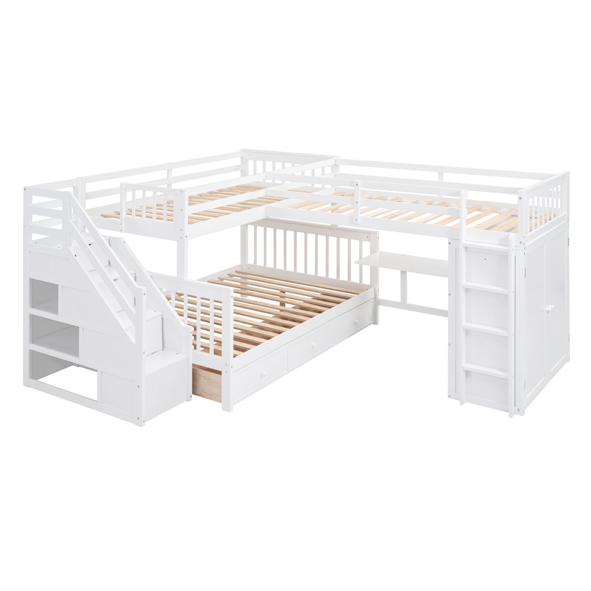 Twin Twin Over Full L Shaped Bunk Bed With 3 Drawers, Portable Desk And Wardrobe - White - Image 13