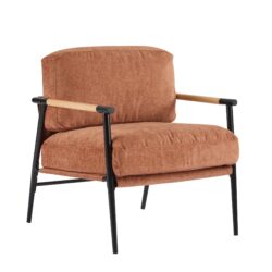 Modern Accent Chair With Plush Cushions, Minimalist Metal Frame, Wooden Armrest Design - Orange
