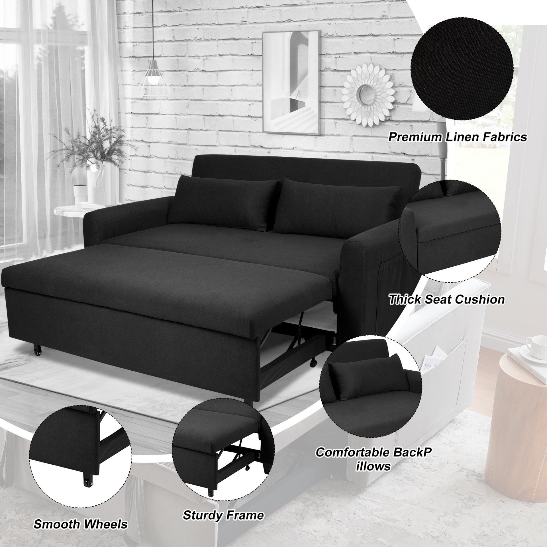 Balus - 2 In 1 Convertible Sofa Bed & Storage And Adjustable Backrest - Black - Image 5
