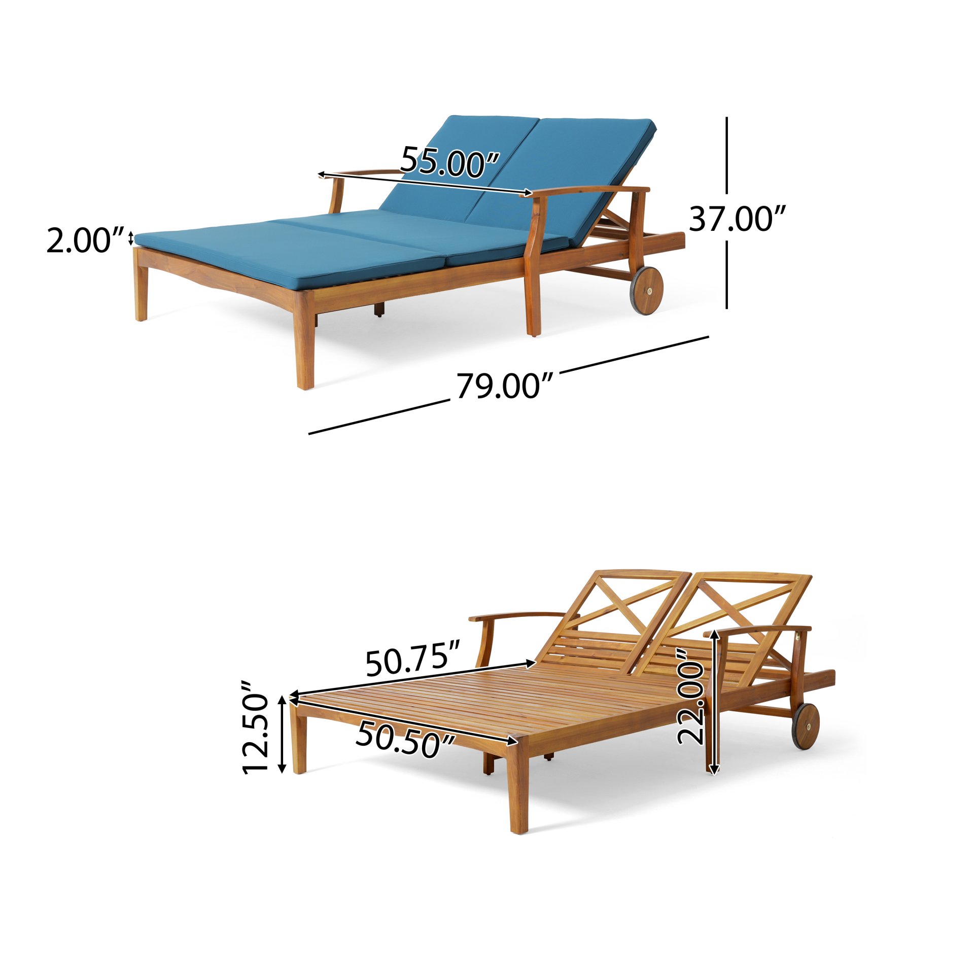 Etherealize - Outdoor Adjustable Double Chaise Lounge With Water Resistant Cushions - Teak / Blue - Image 3