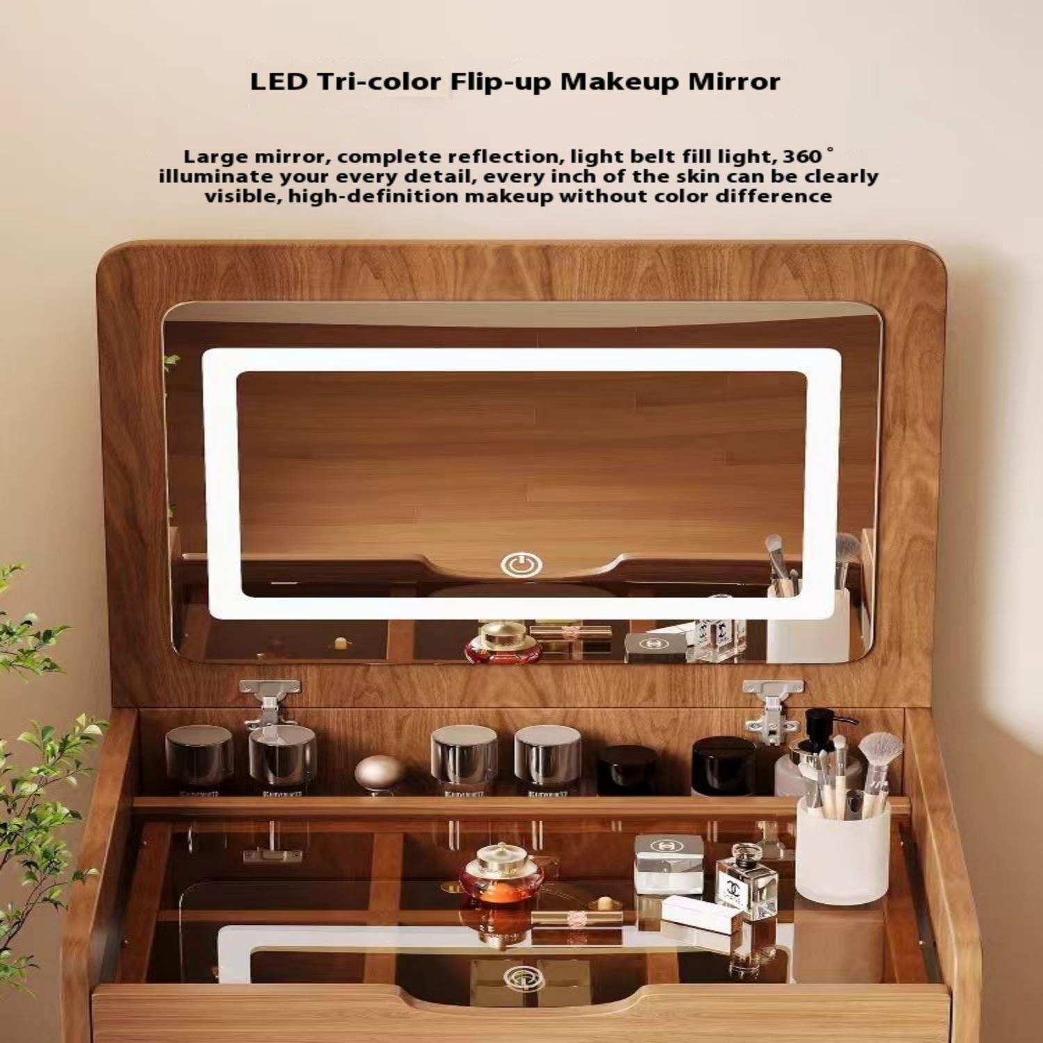 3 In 1 Vanity Desk With Flip Top Mirror, Compact Makeup Table With Glass Top And 3 Drawers For Bedroom - Walnut - Image 5