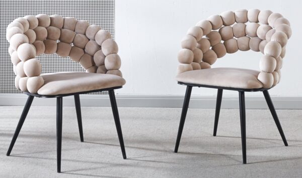 Modern Chair With Golden Color Iron Tube Legs, Soft Cushions And Comfortable Backrest, Suitable For Dining Room, Living Room, Cafe, Hairball Back (Set of 2) - Beige / Black