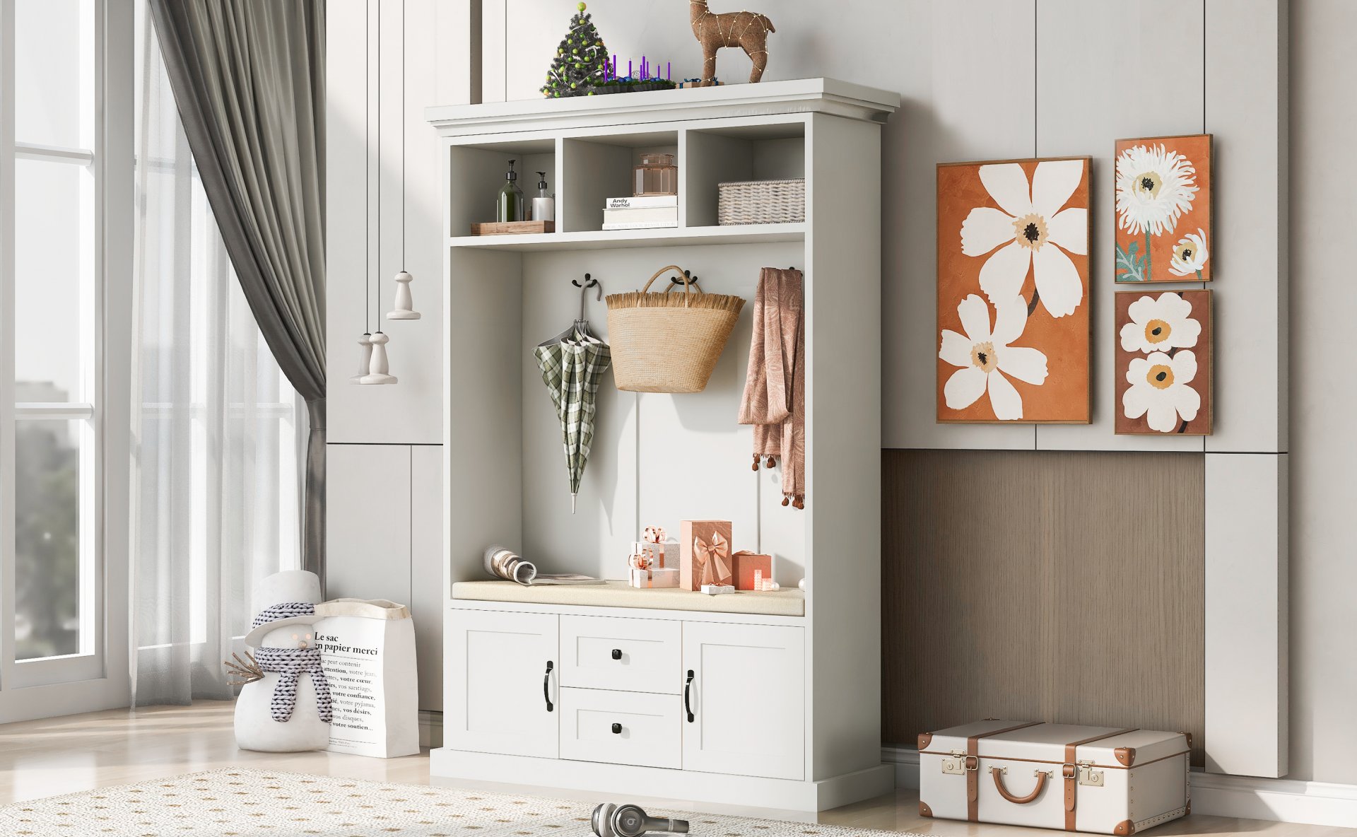 Hall Tree With 3 Hooks, Coat Hanger, Entryway Bench, Storage Bench, 3 In 1 Design, For Entrance, Hallway White - White - Image 3