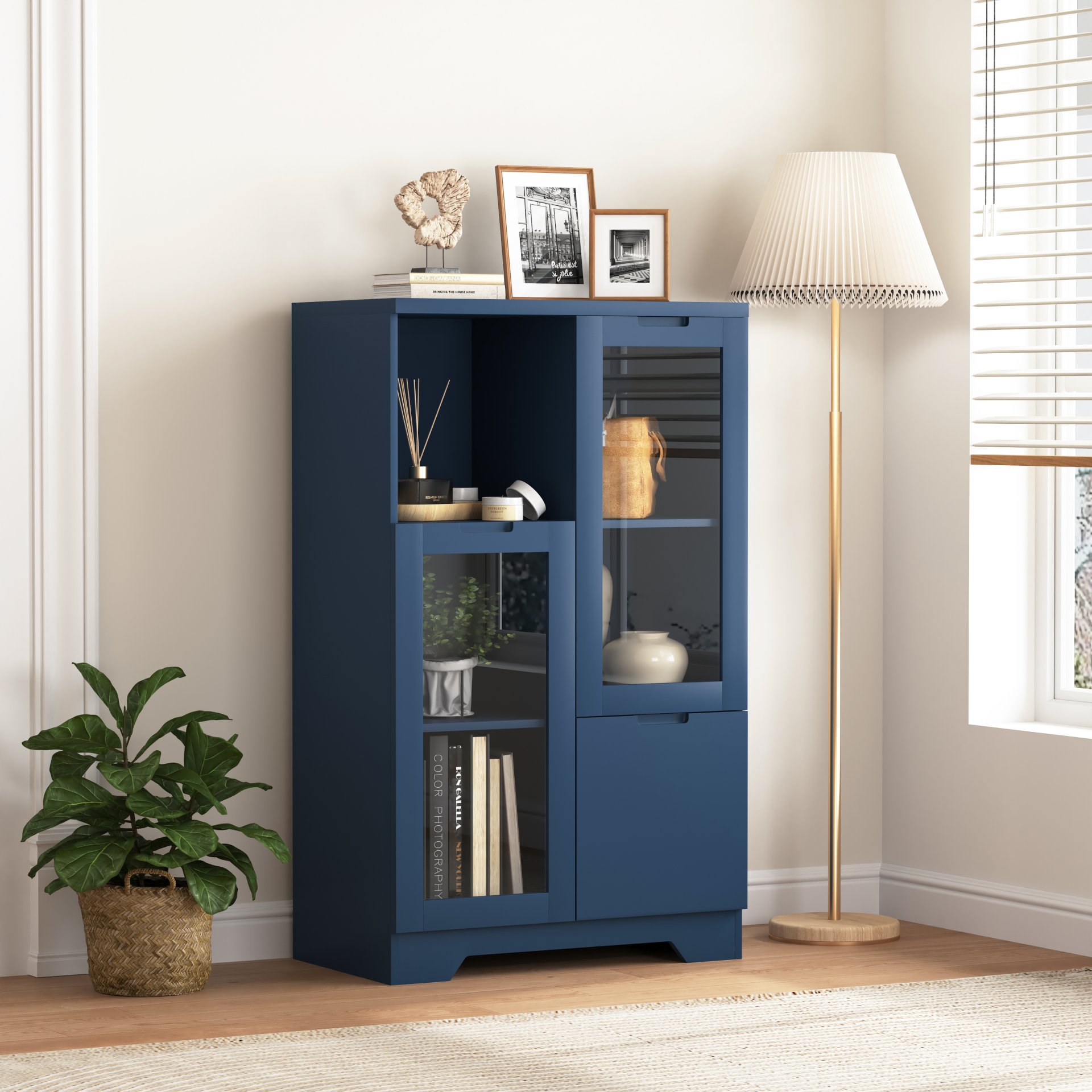 Painted Cabinet With Glass Doors, Drawer, And Open Storage Space For Bedroom And Living Room - Navy Blue - Image 2