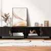Modern TV Stand For TVs Up To 80", Entertainment Center With Glass Door, TV Storage Cabinet With Solid Wood Legs And Metal Handles For Living Room - Black - Image 6