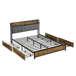 Contemporary Full Size Bed Frame With Storage Headboard Charging Station LED Lights And Metal - Black / Brown / Gray