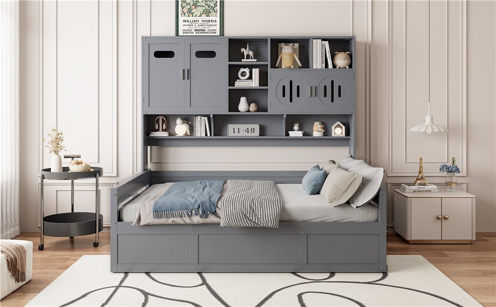 Full Size Wooden Daybed With Hydraulic Bed And All In One Cabinet And Shelf - Gray - Image 13