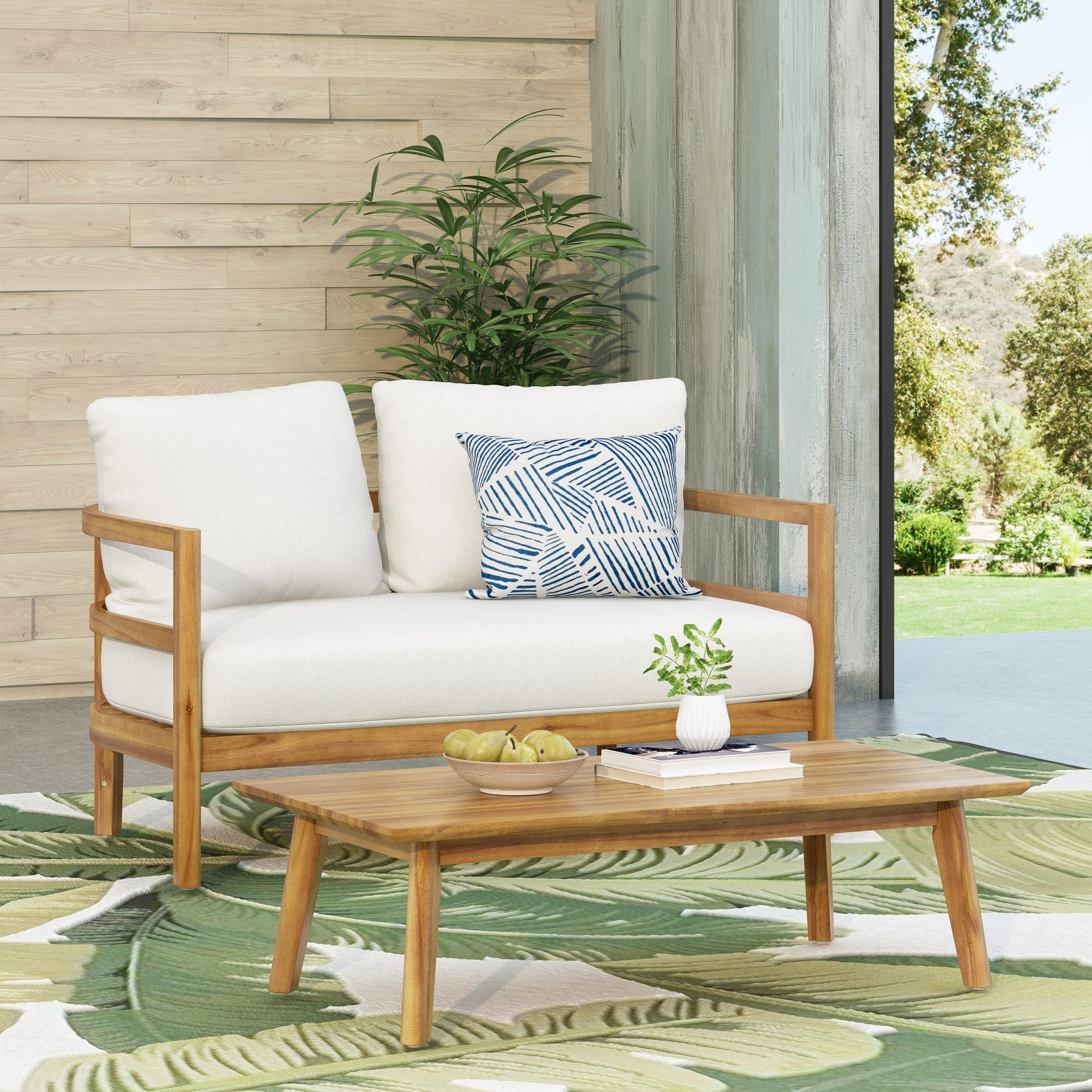 Outdoor Coffee Table Set With Loveseat And Cushion - Brown / White - Image 9
