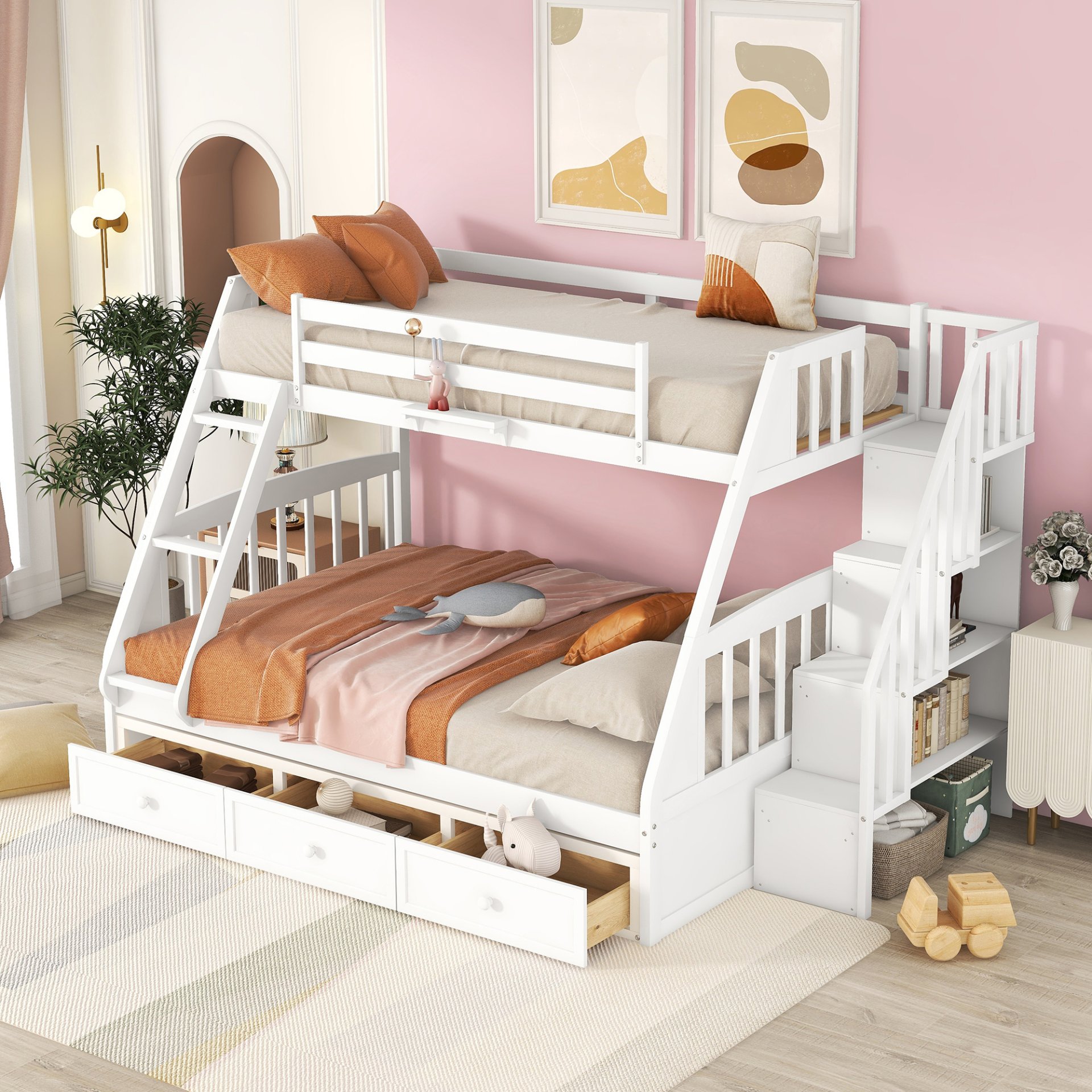 Twin Over Full Bunk Bed With Drawers, Ladder And Storage Staircase - White - Image 2