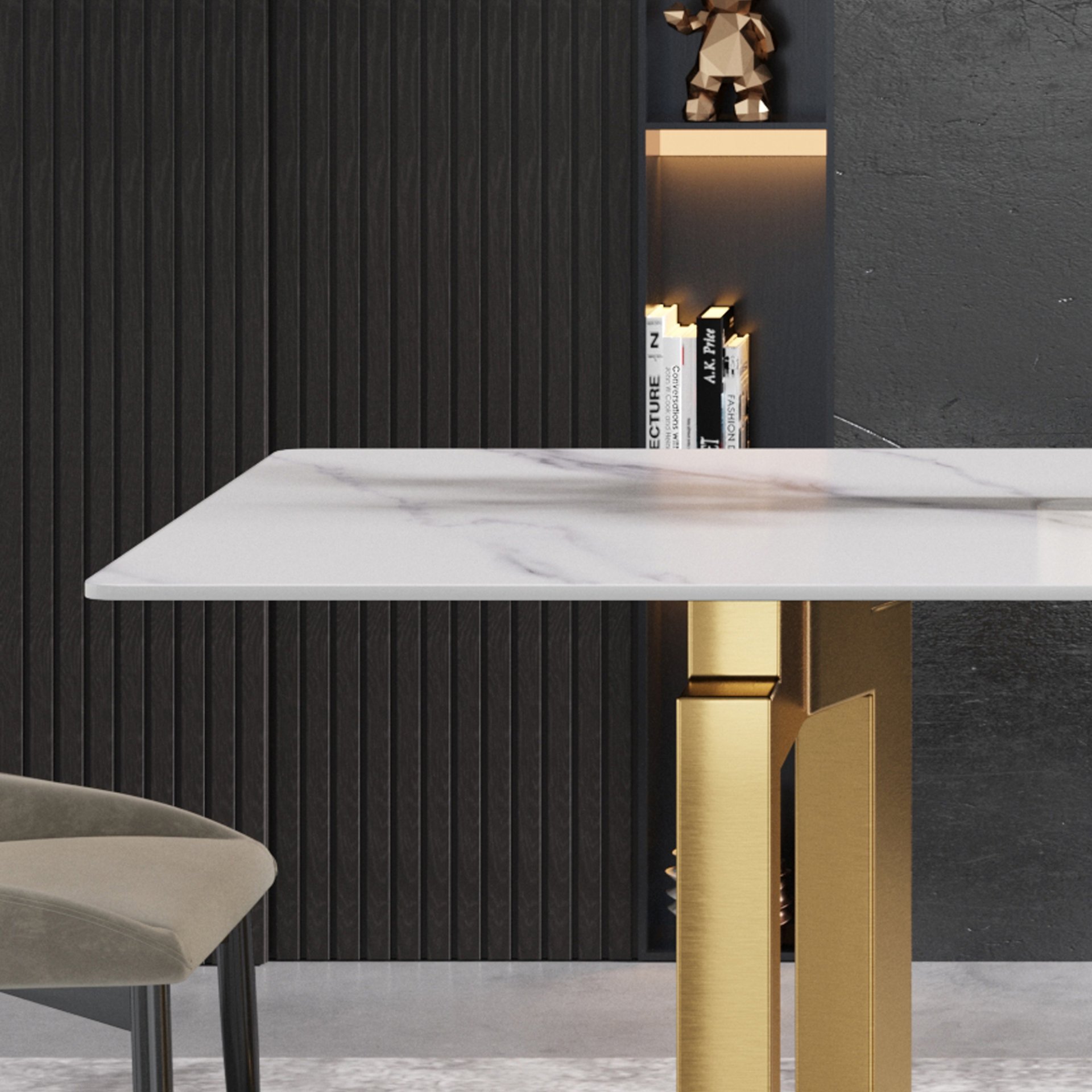70.87" Modern Artificial Stone Straight Edge Golden Metal Leg Dining Table, Can Accommodate 6-8 People - White / Gold - Image 8
