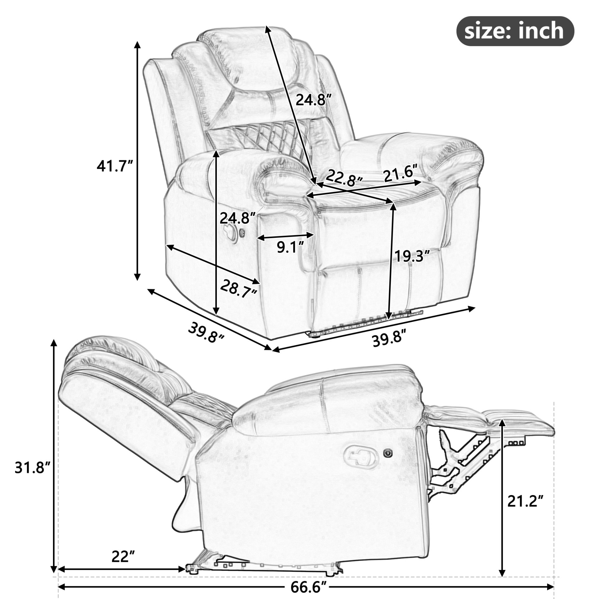 3 Pieces Recliner Sofa Sets Home Theater Seating Manual Recliner Chair With Center Console And Led Light Strip For Living Room - Black - Image 3