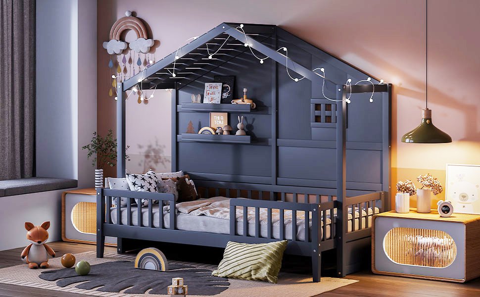 Twin Size House Bed With Shelves, Window And Sparkling Light Strip On The Roof - Gray - Image 19