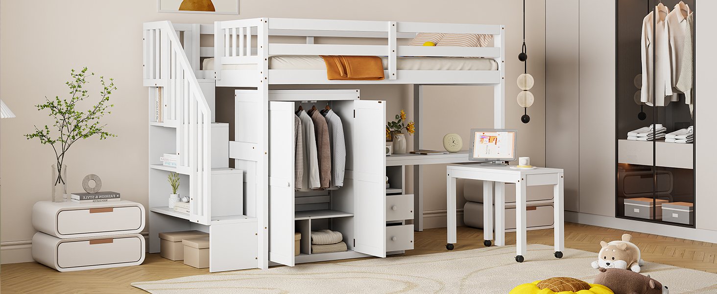 Twin Size Loft Bed With Stairs, Bookshelf, Drawers, Desk & Wardrobe, Space Saving Multifunctional Furniture - White - Image 24