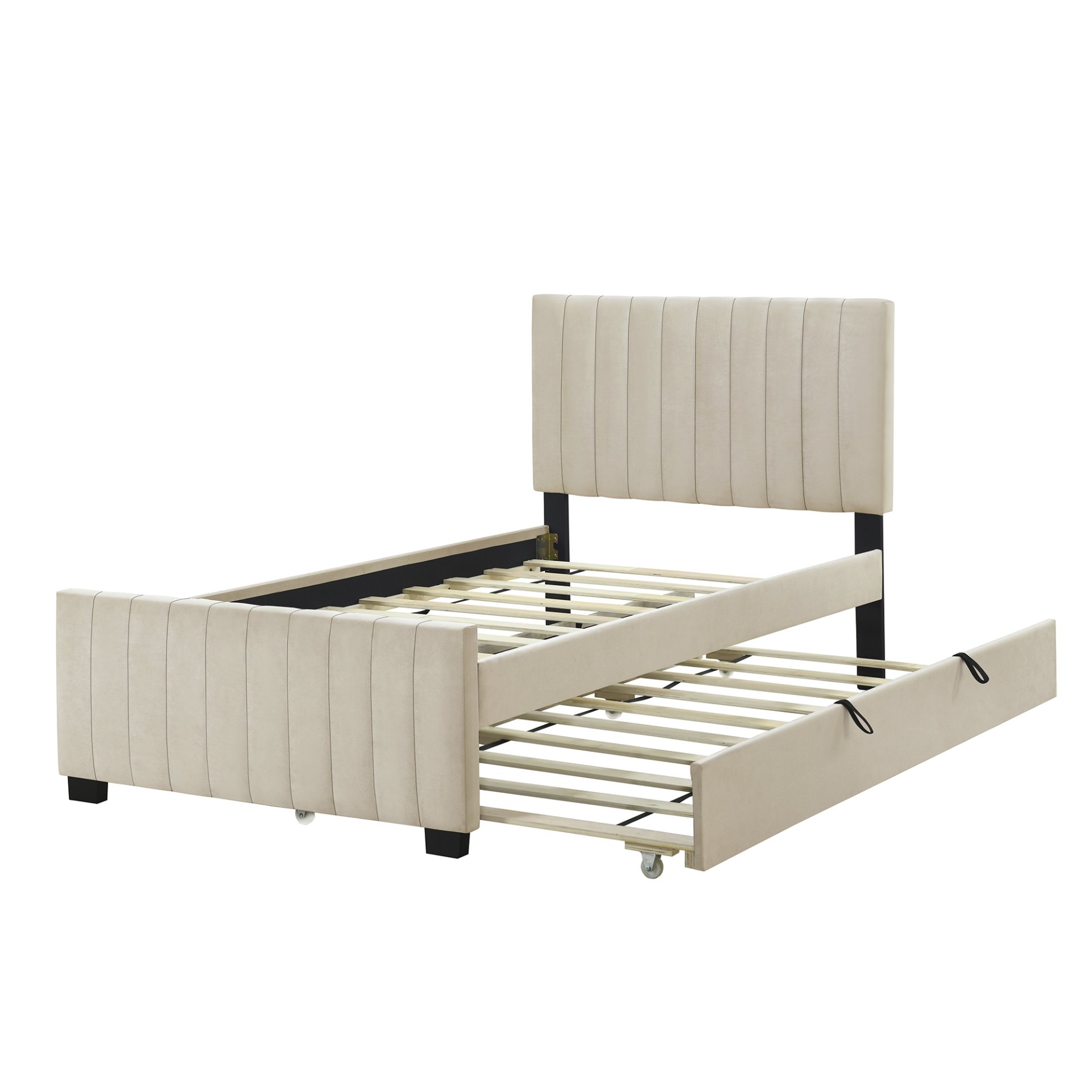 Twin Size Upholstered Platform Bed With Twin Size Trundle - Beige - Image 4