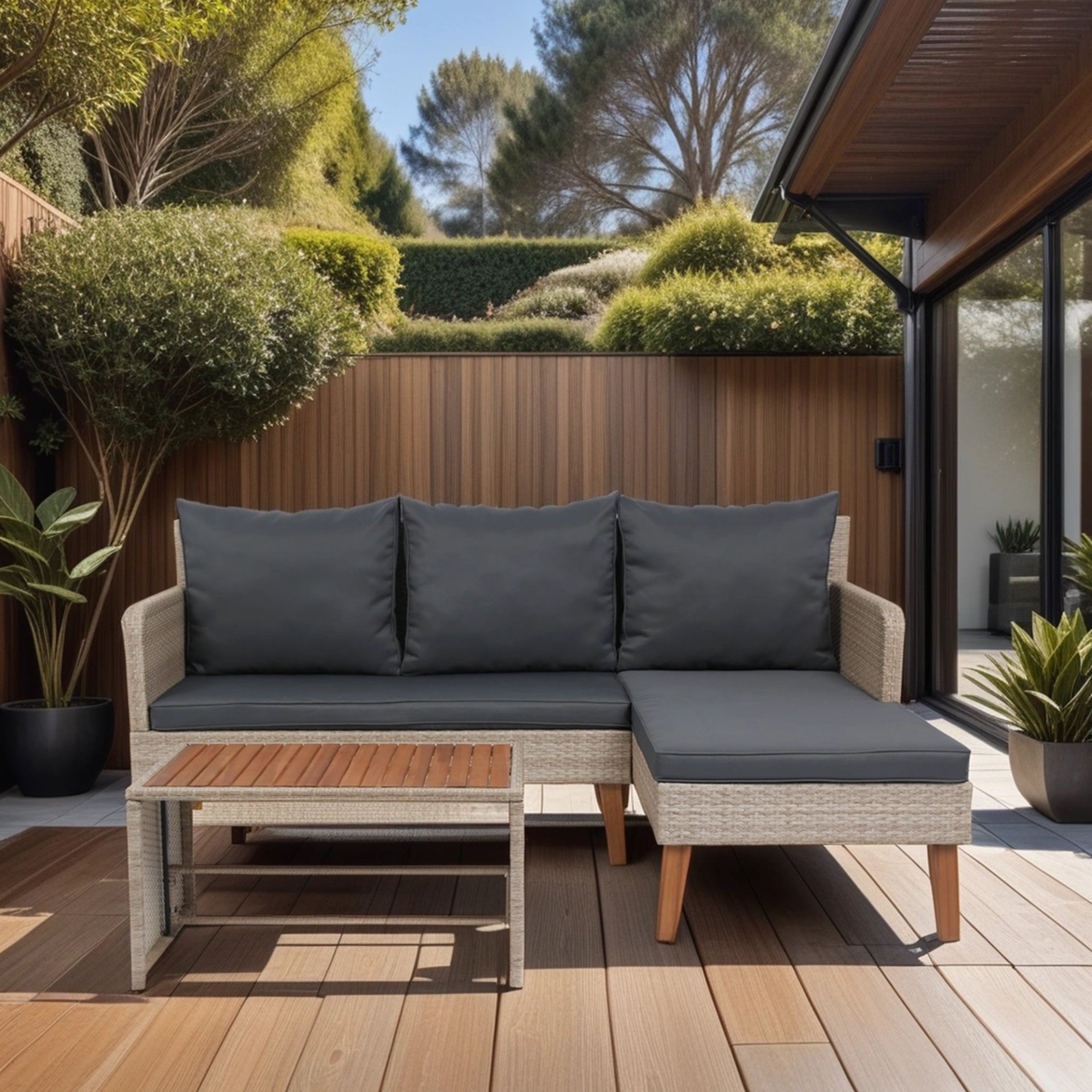 3 Piece Patio Sectional Wicker Rattan Outdoor Furniture Sofa Set Natural Wicker And Cushion - Yellow / Dark Gray - Image 6