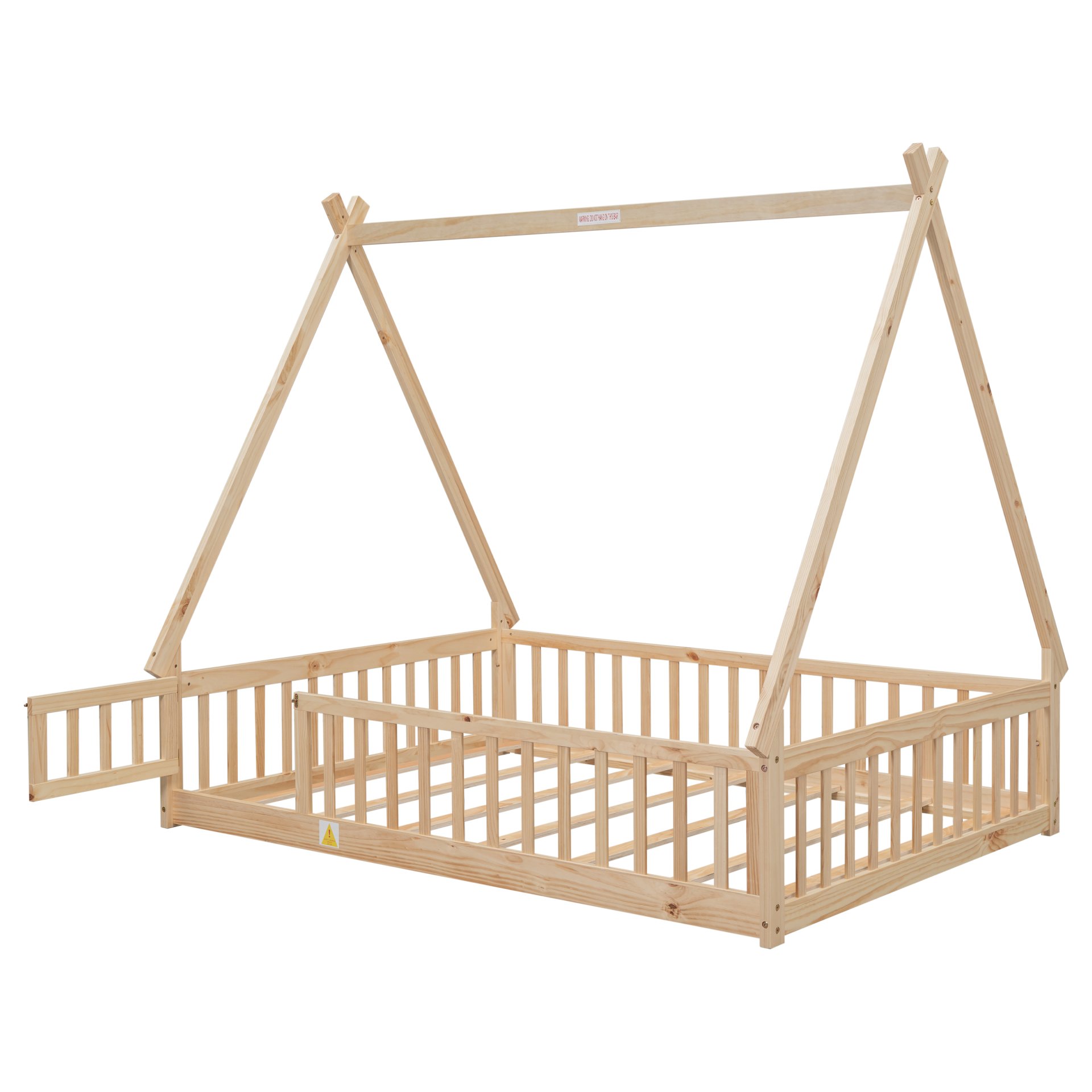 Full Tent-Shaped Floor Bed, With Guardrails, Slats, Door - Natural - Image 9