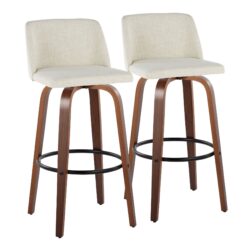 Toriano - Mid-Century Modern Fixed Height Barstool With Swivel With Round Footrest (Set of 2) - Walnut / Cream / Black