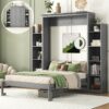 Full Size Murphy Wall Bed With Shelves And LED Lights - Gray - Image 14