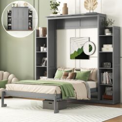 Full Size Murphy Wall Bed With Shelves And LED Lights - Gray