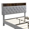Modern Queen Size Upholstered Platform Bed Frame With Button Tufted Linen Fabric Headboard And USB Ports - Light Gray - Image 9