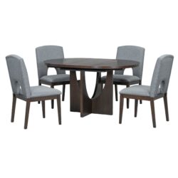 Topmax - 5 Piece Modern Extendable Round Dining Table Set With Removable Leaf For Small Places - Espresso / Gray