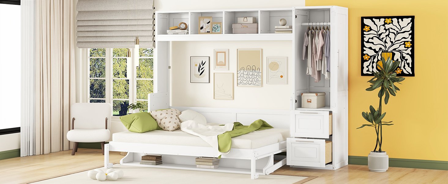 Queen Size Murphy Wall Bed With Closet And Drawers - White - Image 18