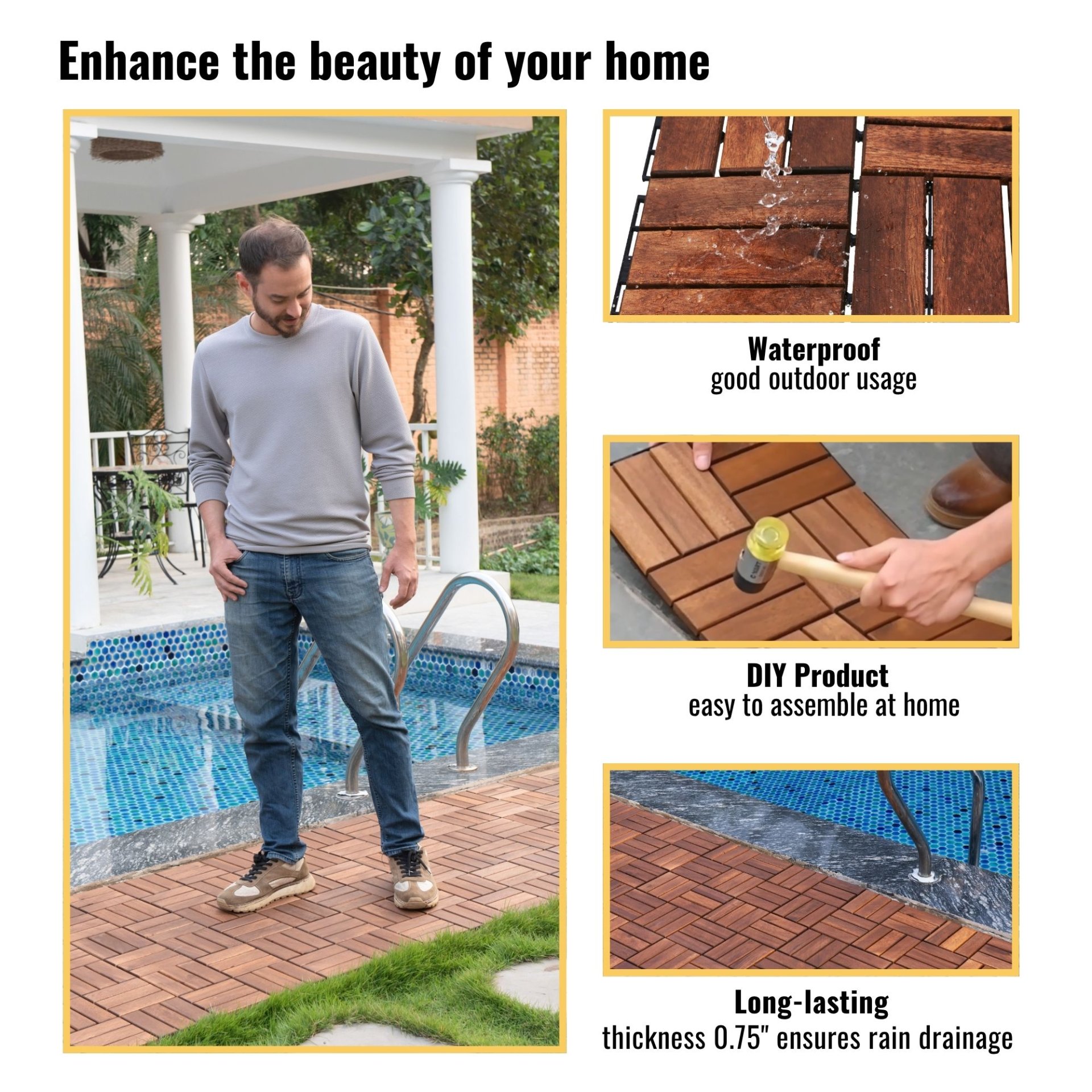 Acacia Wood Interlocking Deck Tiles Checker Pattern, 10 Piece Square Acacia Hardwood Outdoor Flooring For Patio, Bancony, Pool Side - Brown - Image 6