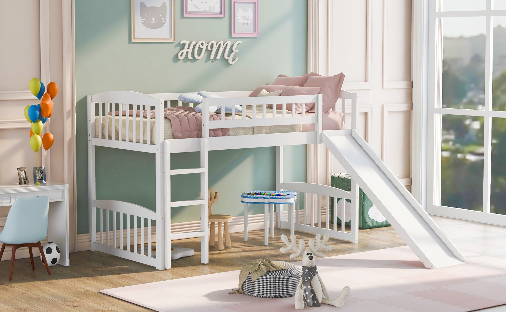 Twin Size Loft Bed With Slide And Ladder - White - Image 3