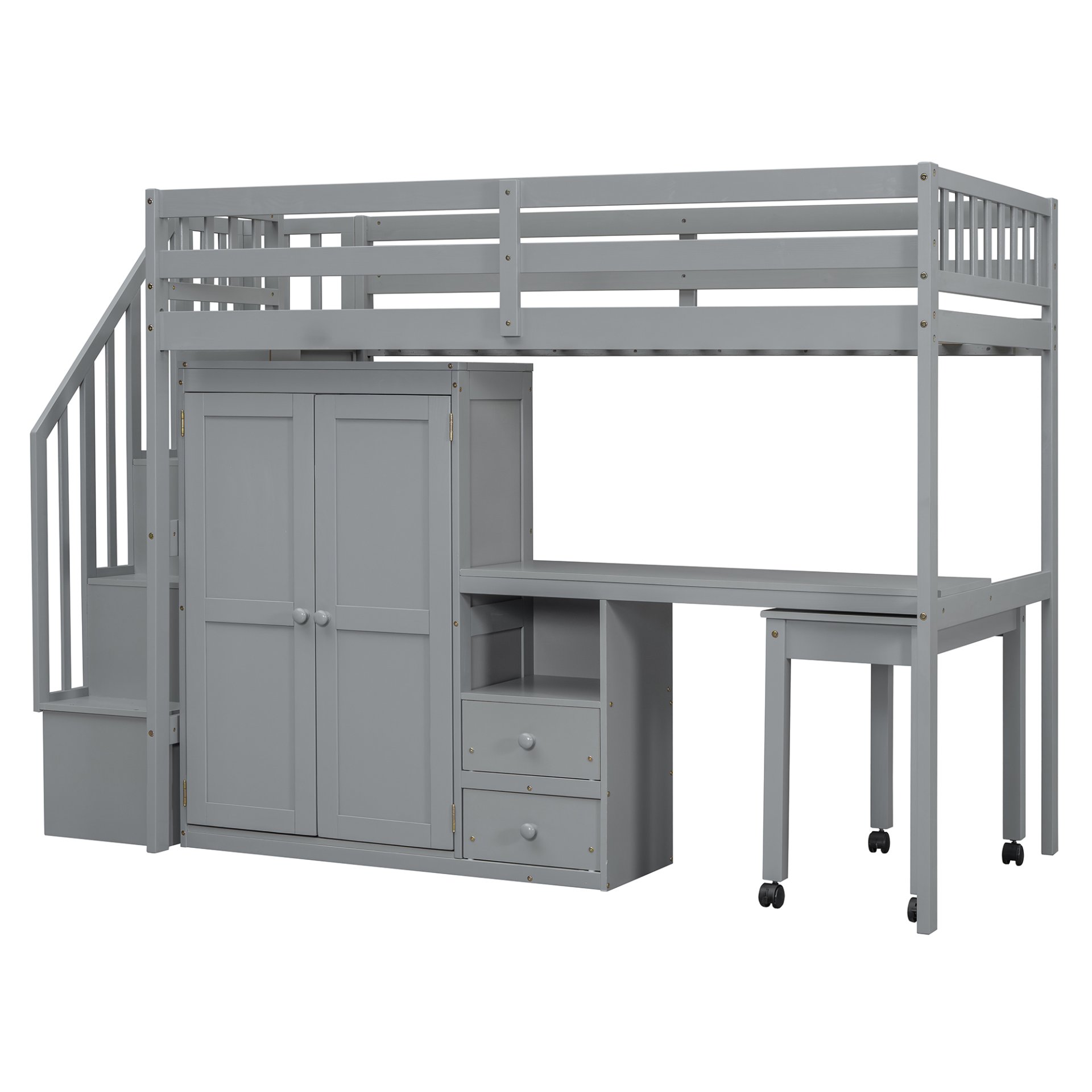 Twin Size Loft Bed With Stairs, Bookshelf, Drawers, Desk & Wardrobe, Space Saving Multifunctional Furniture - Gray - Image 5