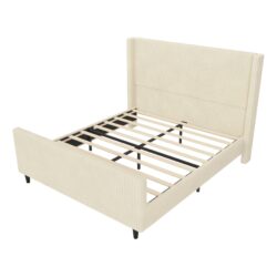 Queen Size Upholstered Bed Frame With Vertical Stripe Wingback And High Footboard - Cream