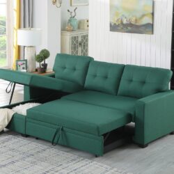 Upholstered Pull Out Sectional Sofa With Chaise - Green