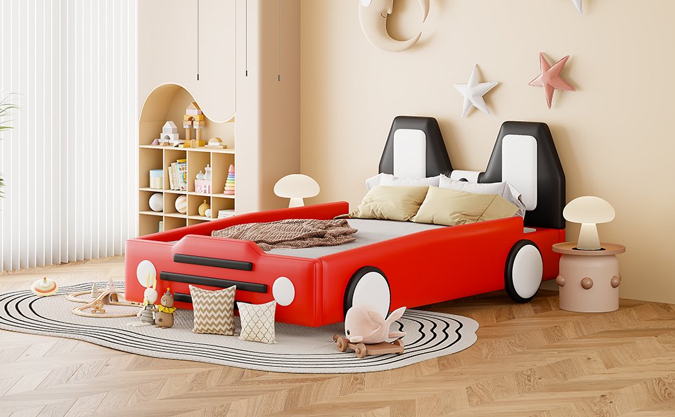 Twin Size Race Car Shaped, Platform Bed & Wheels - Red - Image 12