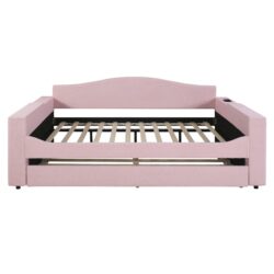 Full Size Upholstered Daybed With Storage Armrests, Trundle And Latest Integrated Bluetooth Audio System, Teddy Fleece - Pink
