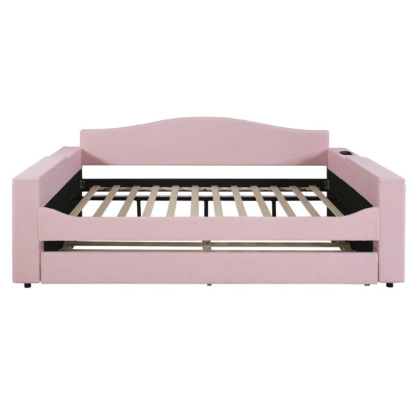 Full Size Upholstered Daybed With Storage Armrests, Trundle And Latest Integrated Bluetooth Audio System, Teddy Fleece - Pink