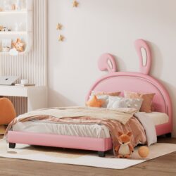 Full Size Upholstered Leather Platform Bed With Rabbit Ornament, Pink