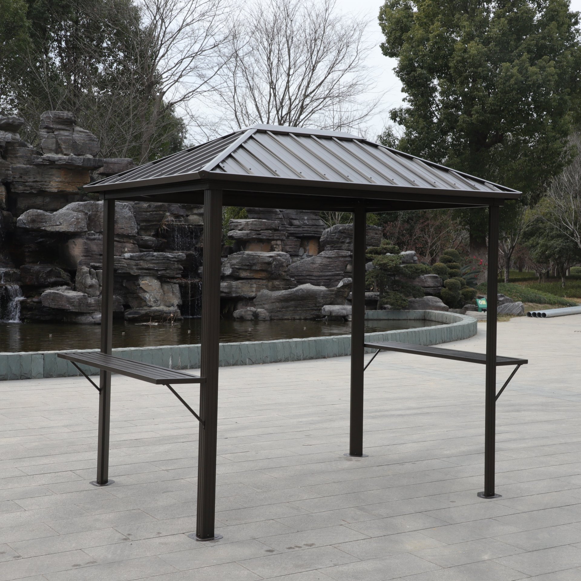 Grill Hardtop Gazebo Outdoor Metal Hard Top Gazebo, Permanent Bbq Gazebo With Galvanized Steel, Aluminum Framed Pavilion With Shelves - Dark Brown - Image 5