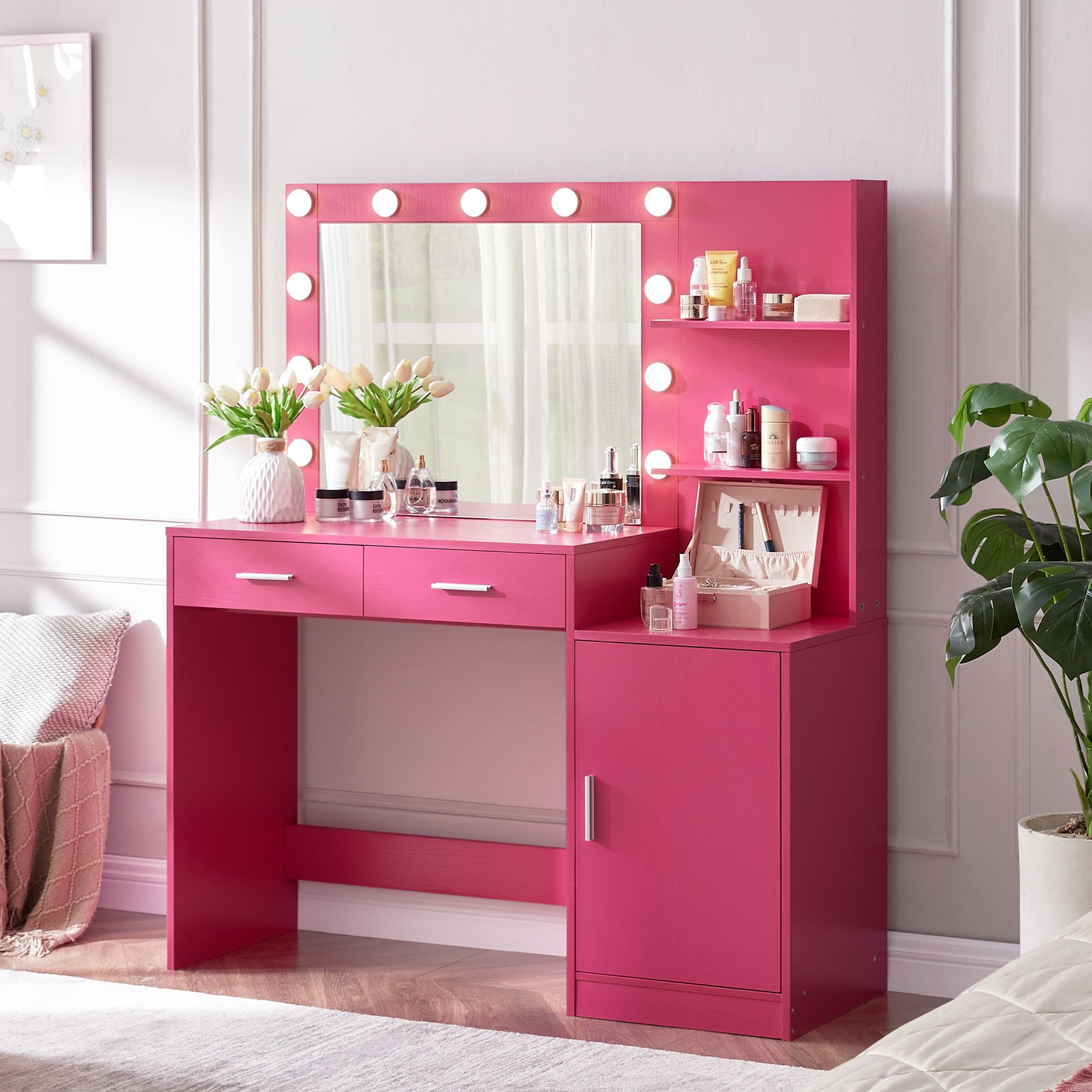 Vanity Desk With Mirror And Lights, 46.4In Dressing Table With 2 Large Drawer & Large Vertical Organizer, 3 Level Dresser & 3 Lighting Modes Adjustable Brightness, Suitable For Bedroom - Rose Pink - Image 4