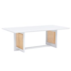 Chinese Style Solid Wood And Imitation Rattan Coffee Table, Rectangular Low Table For Small Living Rooms - White