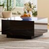 Square High Glossy Coffee Table With 16 Color Led Strip Lights, Modern Center Table With 5Mm Frosted Tempered Glass Top For Living Room - Black - Image 2