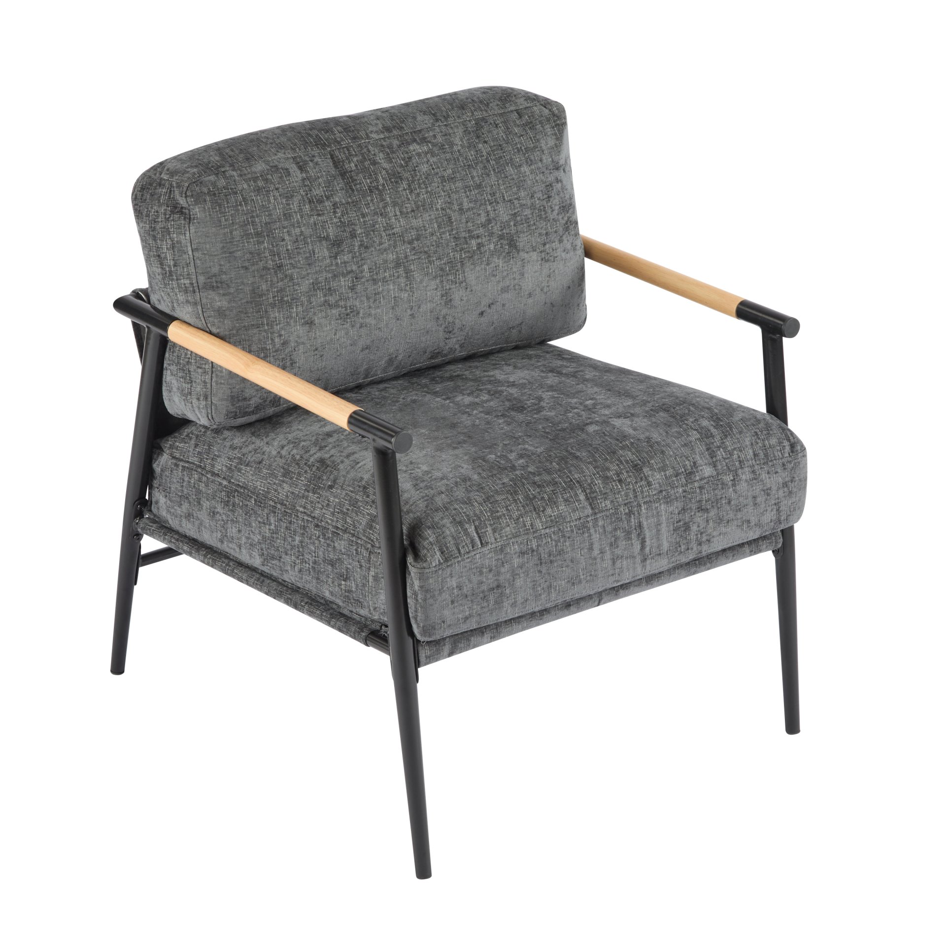 Modern Accent Chair With Plush Cushions, Minimalist Metal Frame, Wooden Armrest - Gray - Image 9