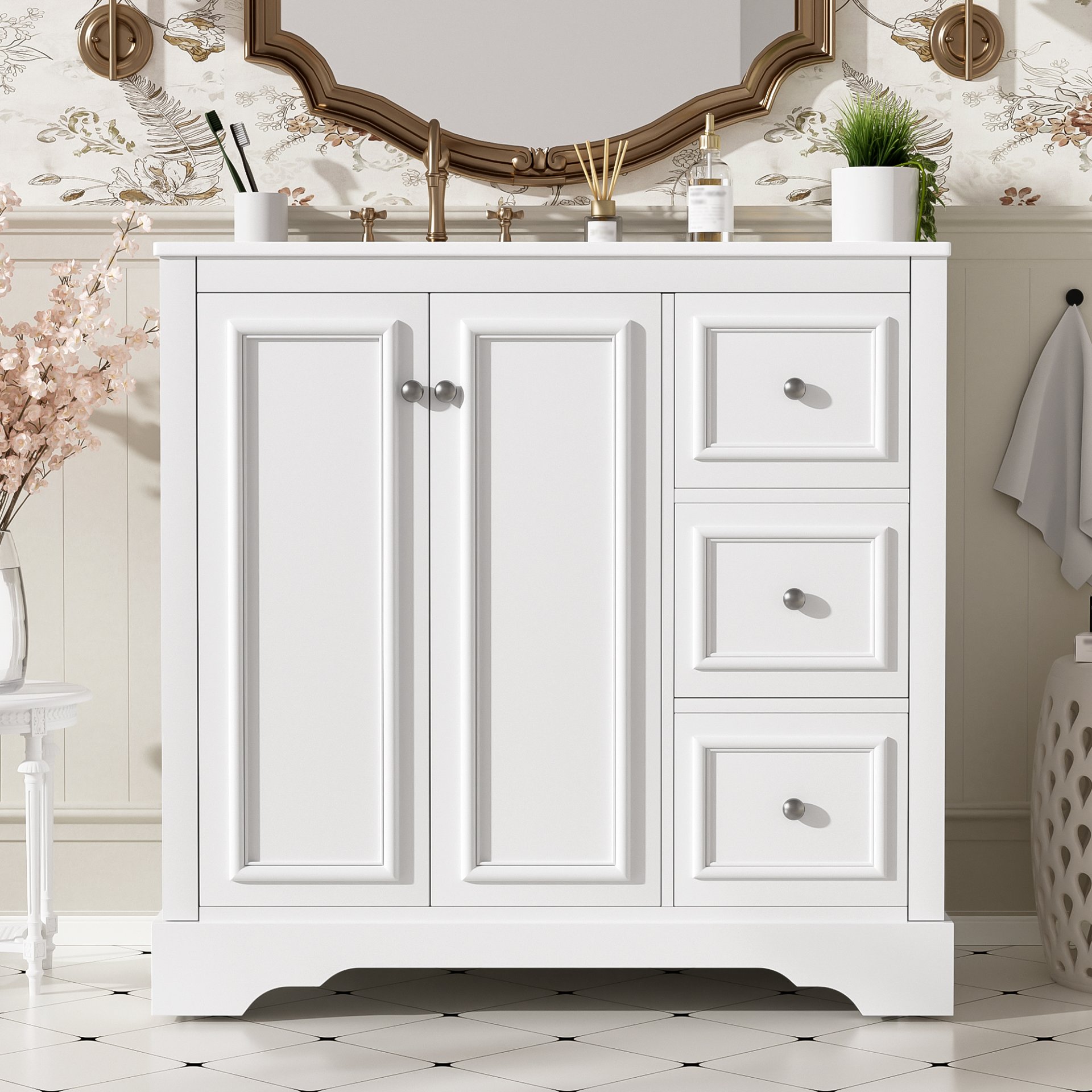 36" Transitional Bathroom Vanity With Sink, Soft Close Doors, Adjustable U Shelf, 3 Drawers - White - Image 6