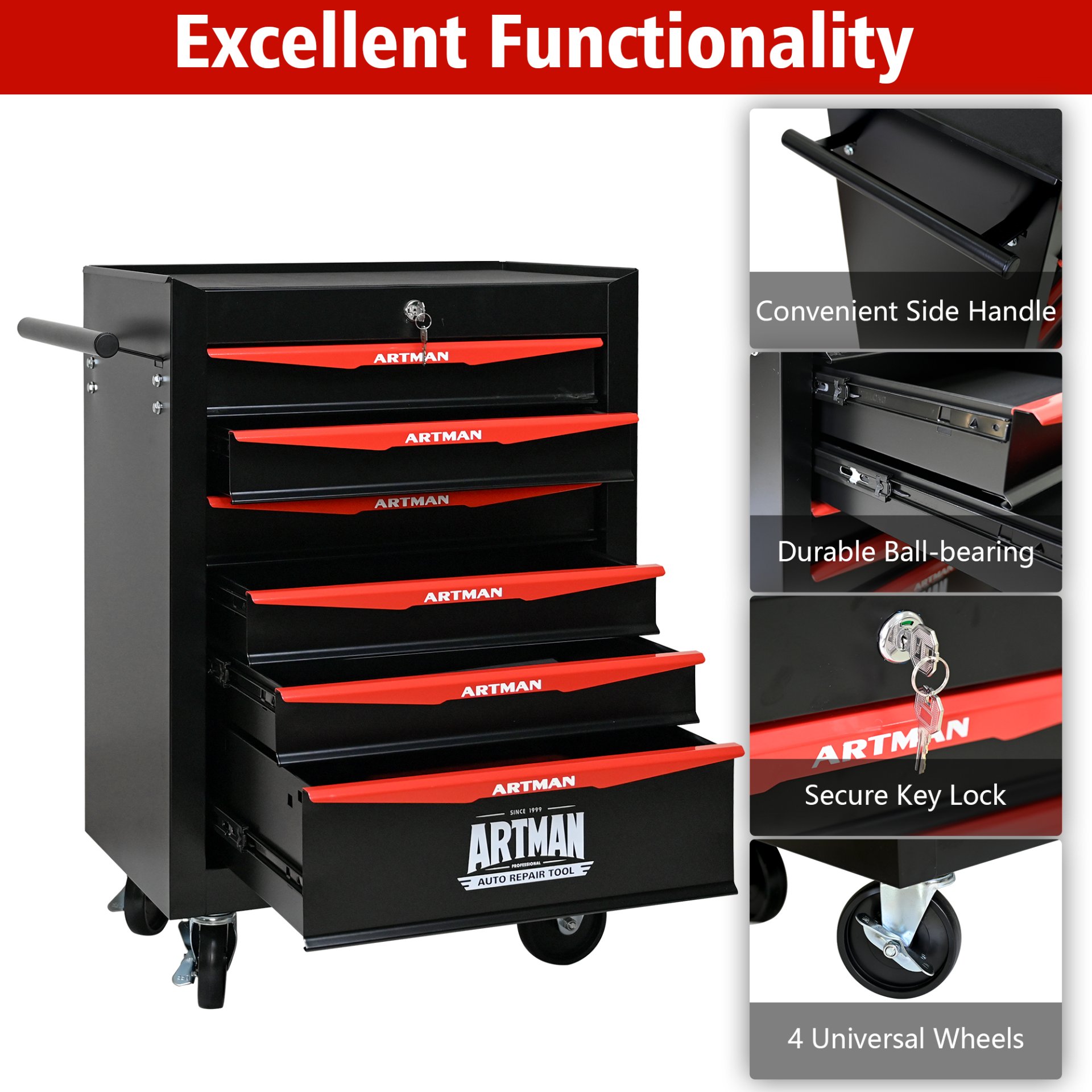 Rolling Metal Tool Chest With 6 Drawers, 20" Steel Storage Cabinet With Ball Bearing Slides - Black / Red - Image 6