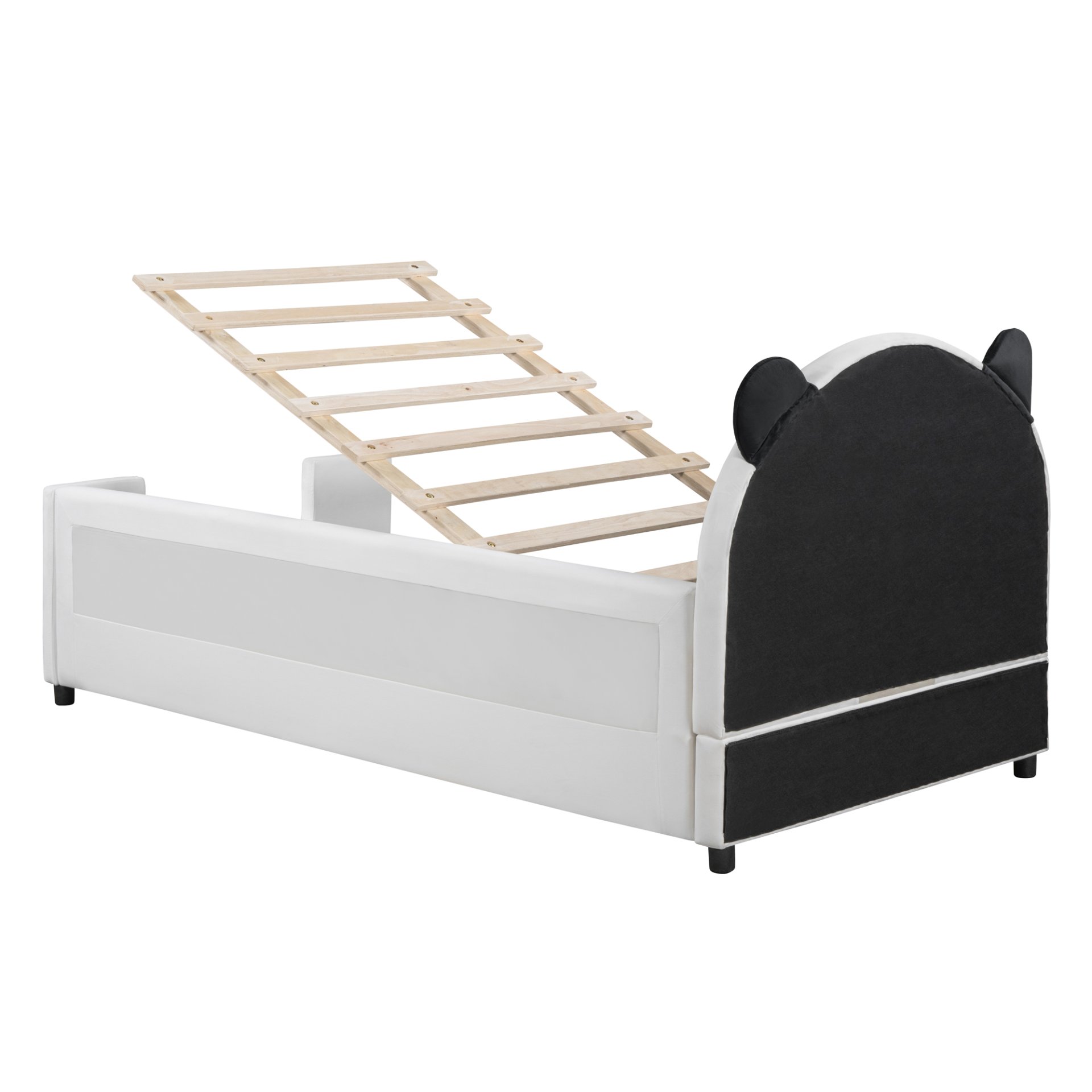 Twin Size Upholstered Daybed With Bear Shaped Headboard, Hydraulic System And Breathable Mesh Fence - White - Image 17