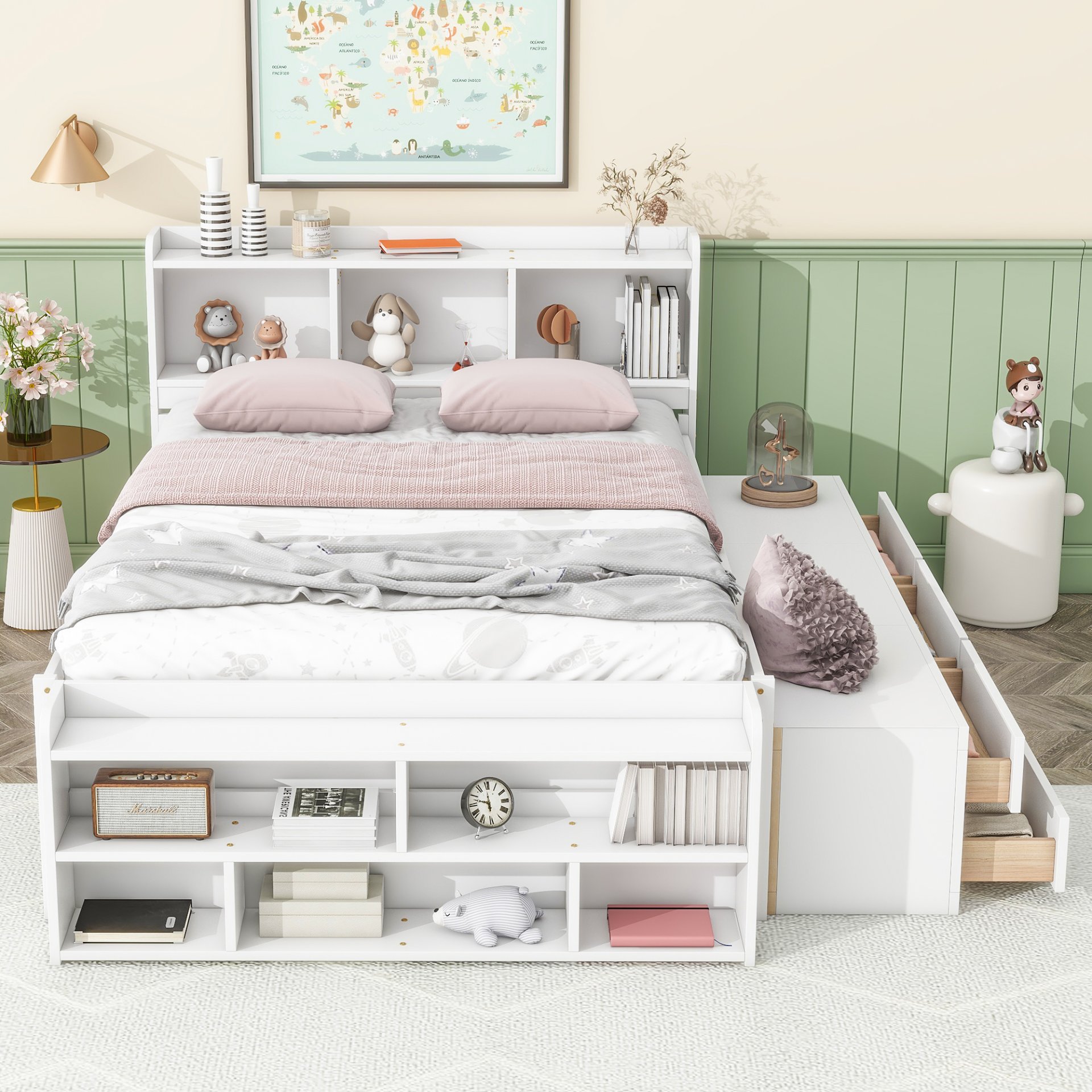 Full Bed With Bookcase Headboard, Under Bed Storage Drawers And Bed End Storage Case - White - Image 2