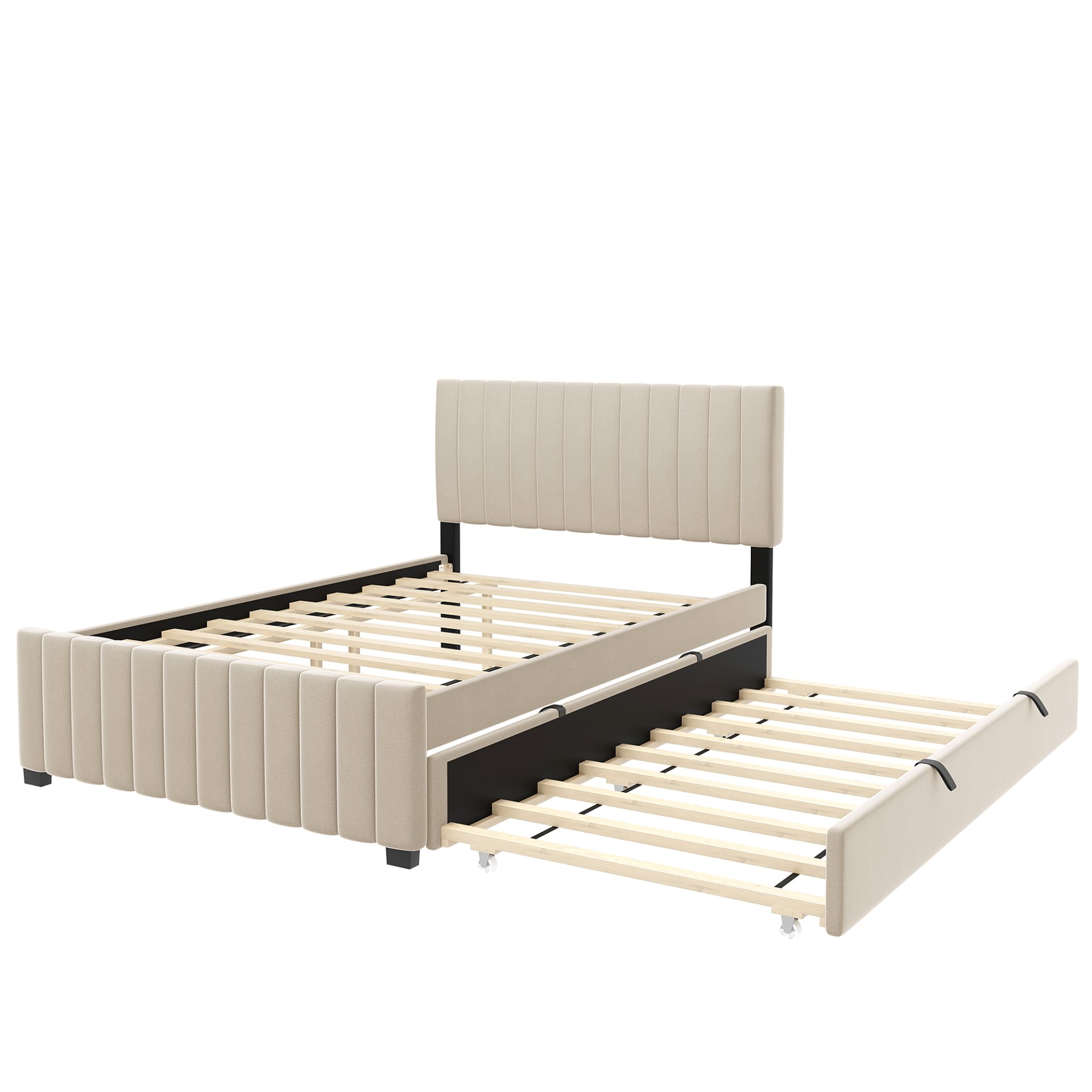 Full Size Elegant Upholstered Platform Bed With Twin Size Trundle - Beige - Image 5