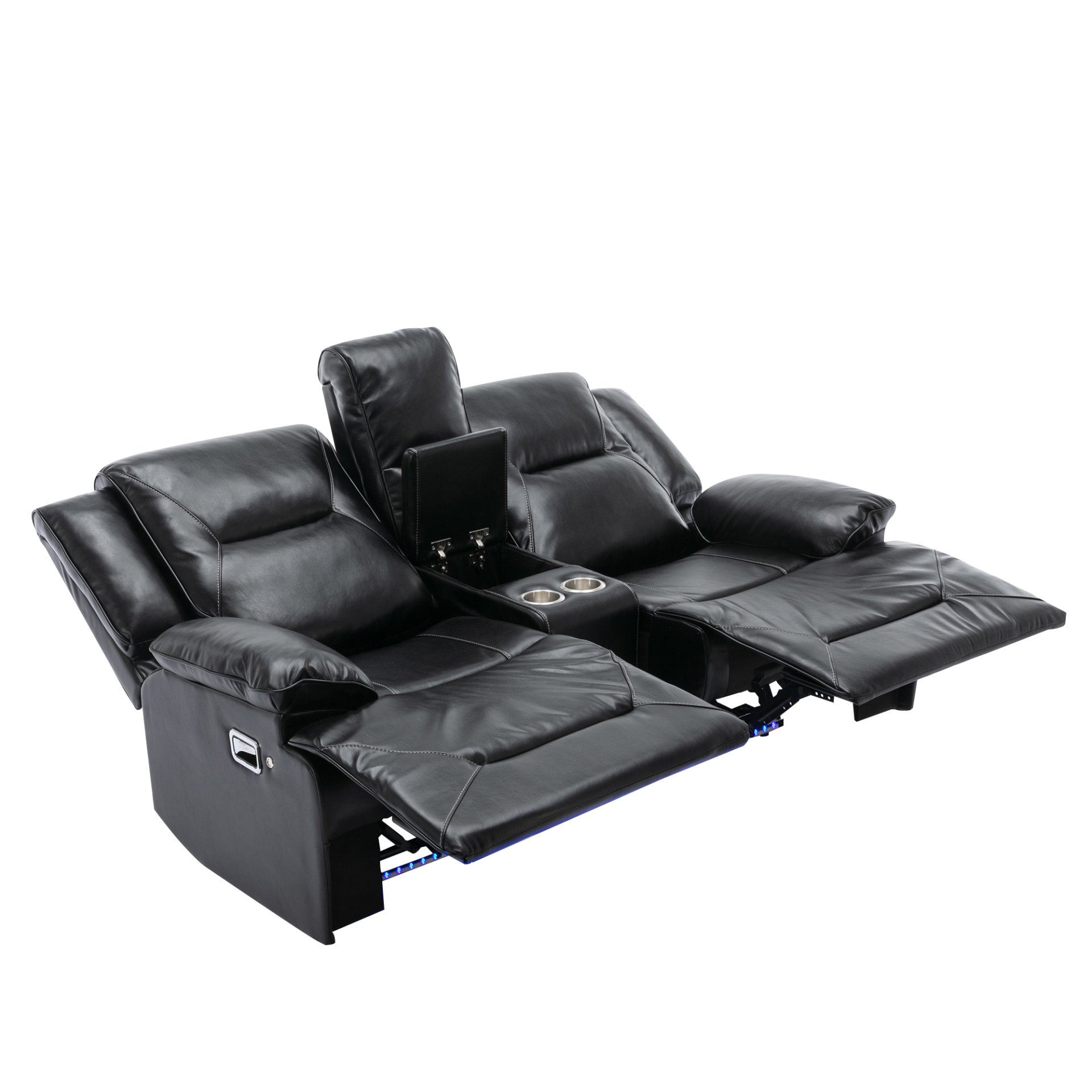 2 Seater Home Theater Recliner Manual Recliner Chair With A Led Light Strip Two Cup Holders And A Storage Box For Living Room - Black - Image 12