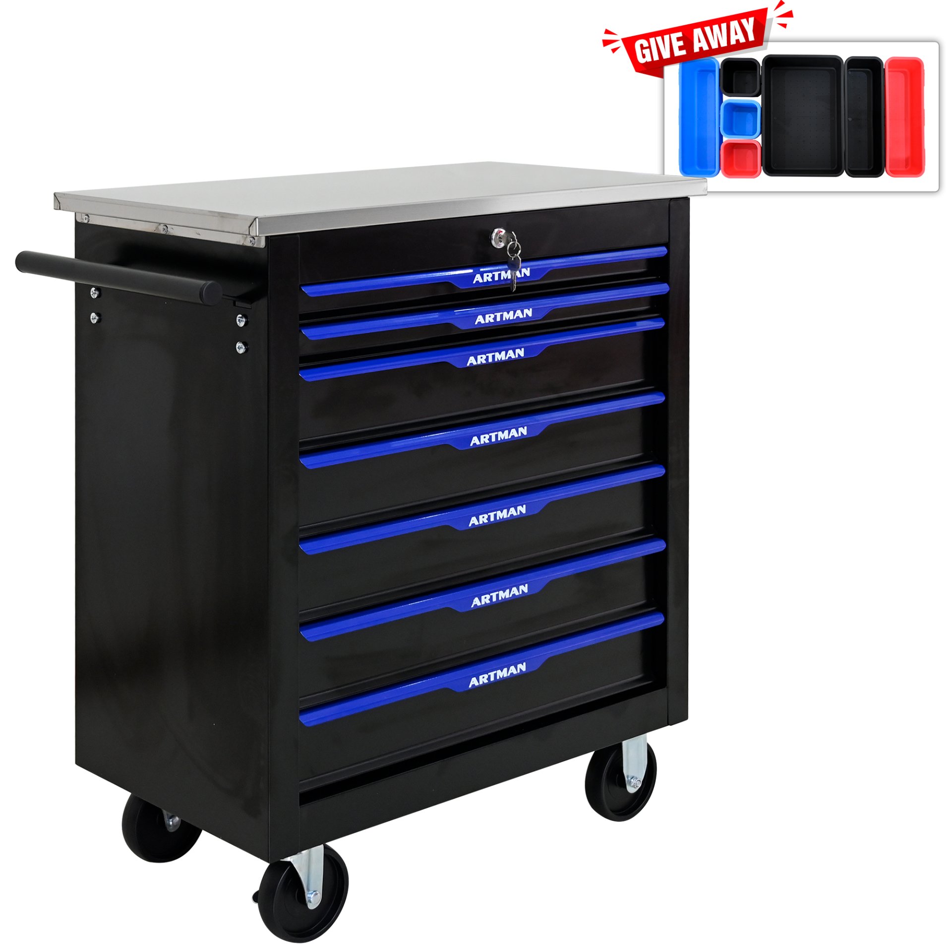 7 Drawer Multifunctional Tool Cart With Wheels - Black / Blue - Image 7