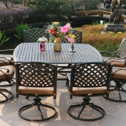Square 8 Person 63.98" Long Dining Set With Dupione Brown Cushions, Swivel And Rocking Chairs - Antique Brown