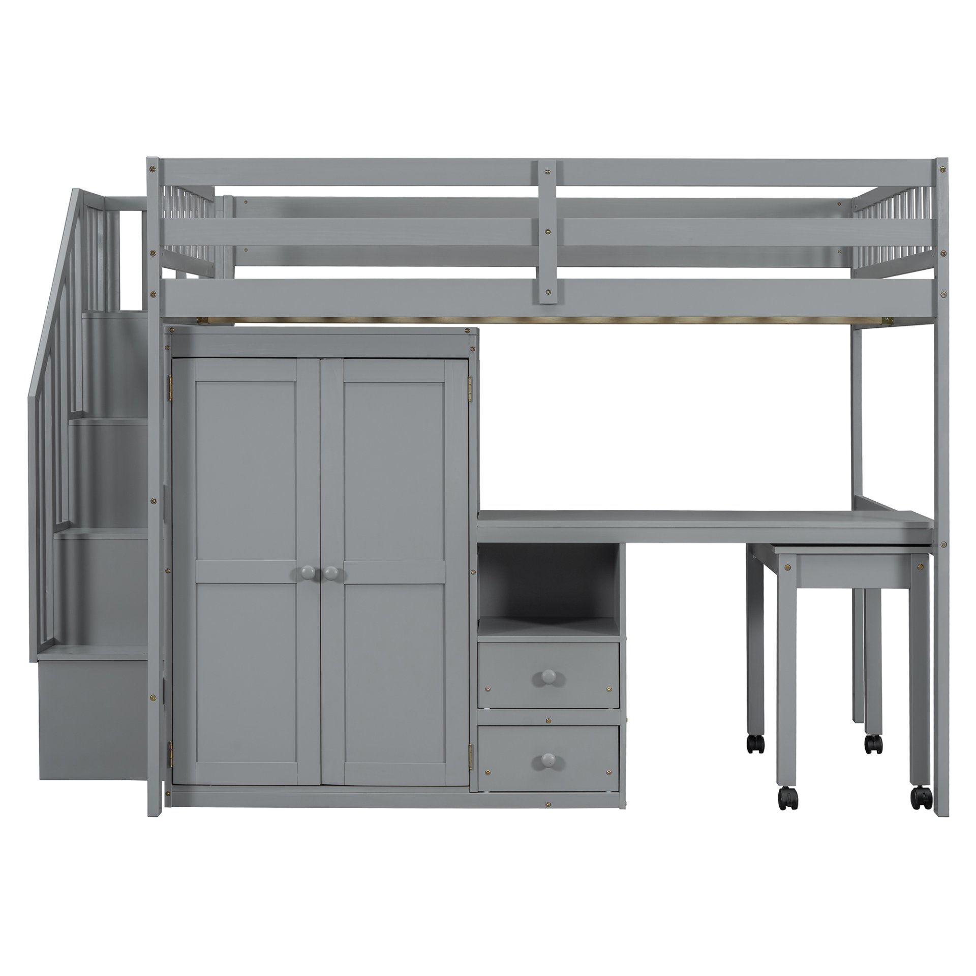 Full Size Loft Bed With Stairs, Bookshelf, Drawers, Desk & Wardrobe, Space Saving Multifunctional Furniture - Gray - Image 15